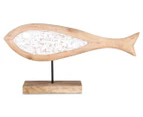 Contemporary 59cm Long Fish On Timber Base - Brown/White