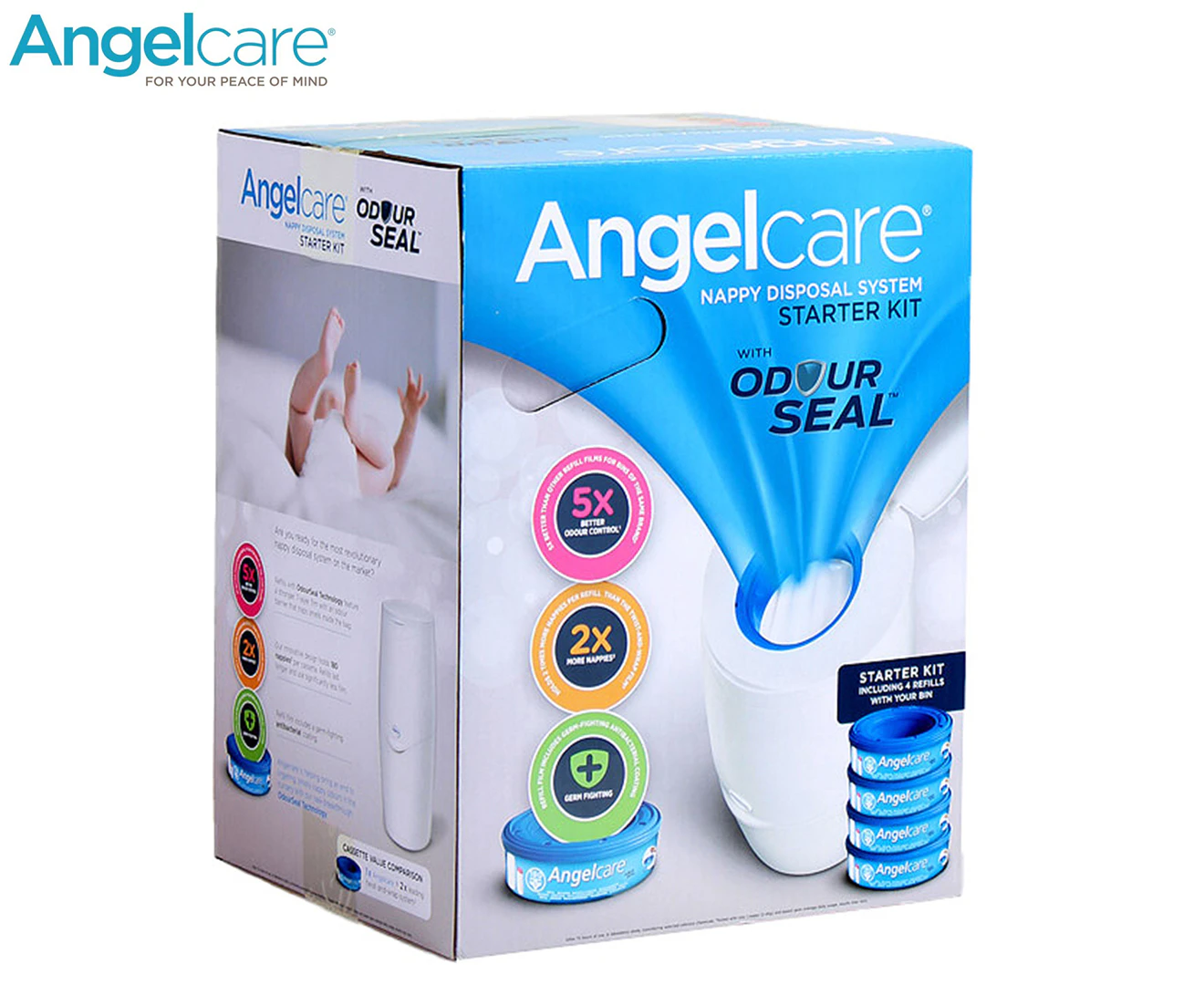 Angelcare Odour Seal Nappy Disposal System/Bin Starter w/ 4 Cassettes Refills