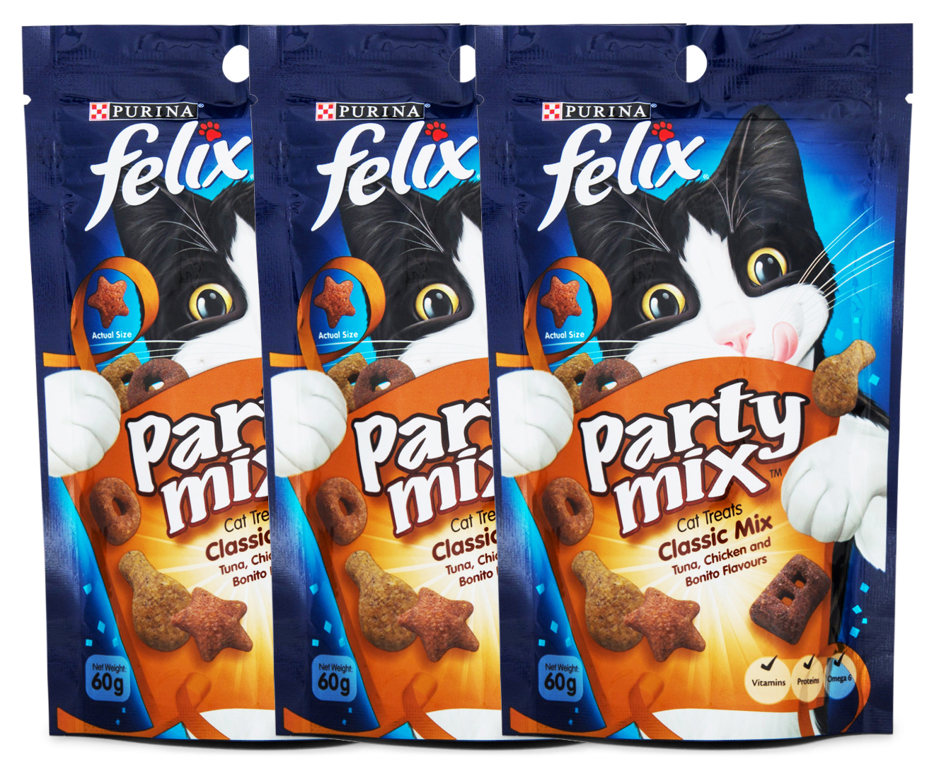 3 x Purina Felix Classic Party Mix Cat Treats 60g