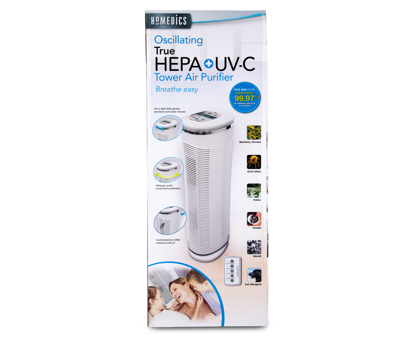 homedics oscillating hepa uv c tower air purifier