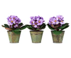 Set of 3 Artificial 21cm African Violets in Tin Pot - Purple