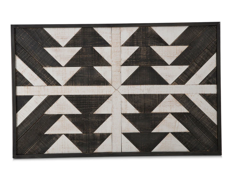 Rectangular Framed Aztec Wood Panelled Wall Art - Black/White