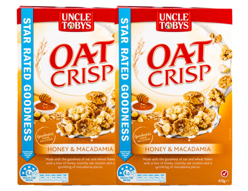 2 x Uncle Tobys Oat Crisp Cereal Honey & Macadamia 475g