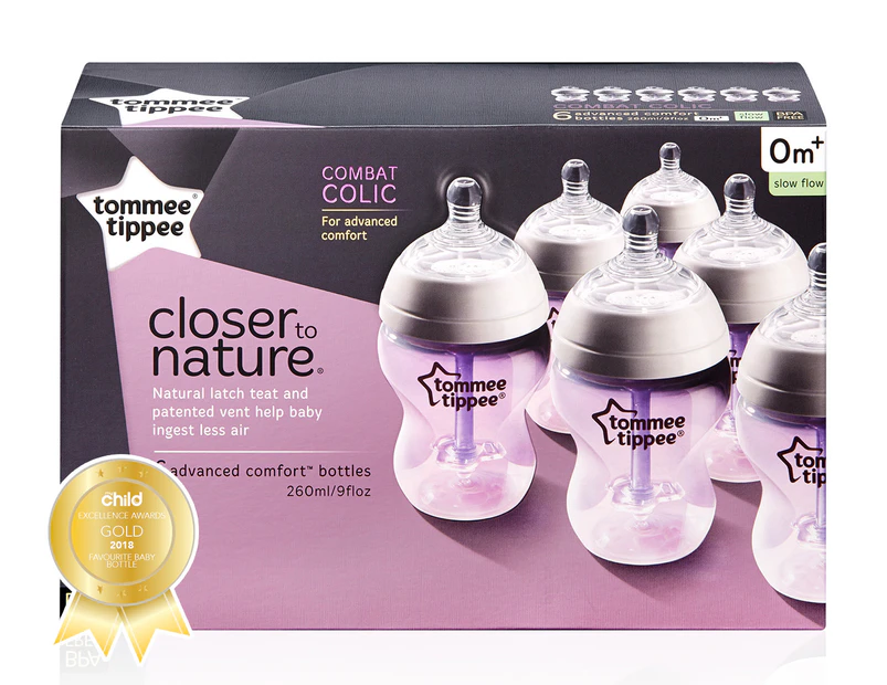 Closer to Nature Advanced Comfort Bottles 260mL 6-Pack - Clear/Purple 