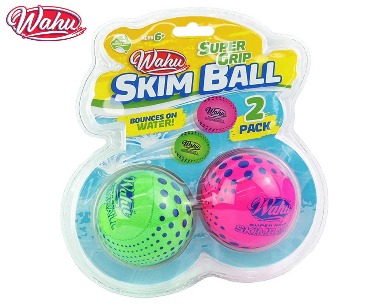 2pc Wahu 6cm Super Grip Skimball Water Bouncing Ball Toy PK/GR Outdoor Pool Kids