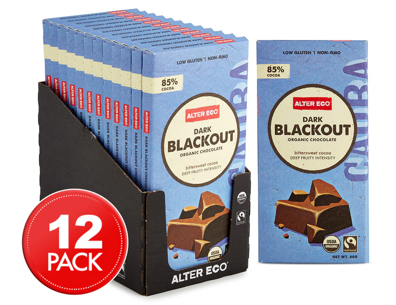 12 x Alter Eco Dark Blackout Organic Chocolate Bars 80g