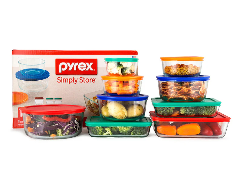Pyrex 18-Piece Simply Store Glass Container Set w/ Multi Coloured Lids - Multi
