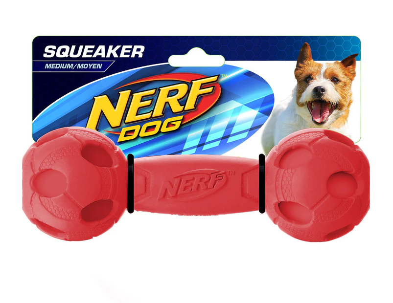 NERF Dog Medium Squeaker Barbell Toy - Red