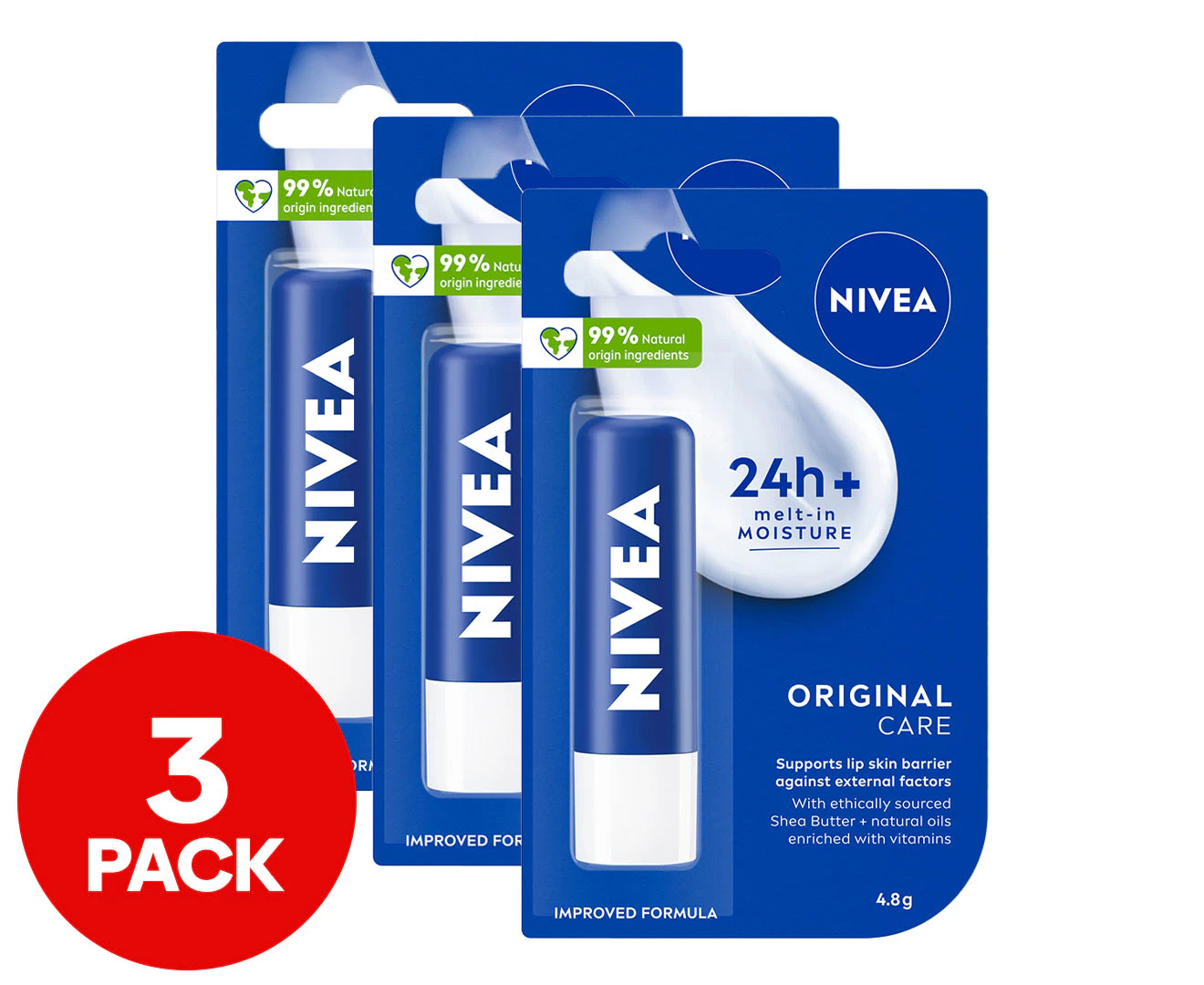 3 x Nivea Original Care Lip Balm 4.8g