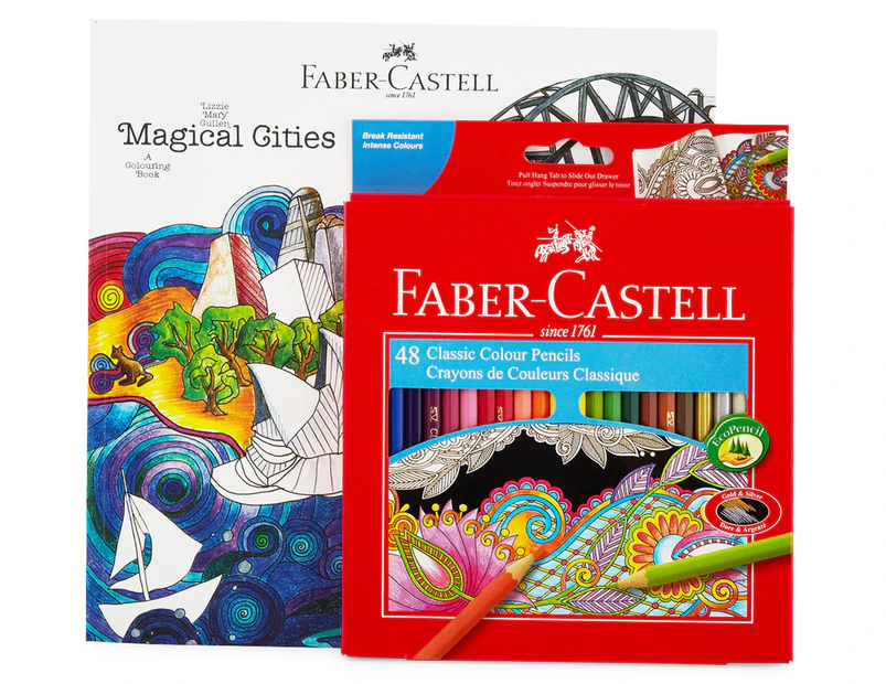 Faber-Castell 48 Classic Colour Pencils + Magical Cities Colouring Book Bundle