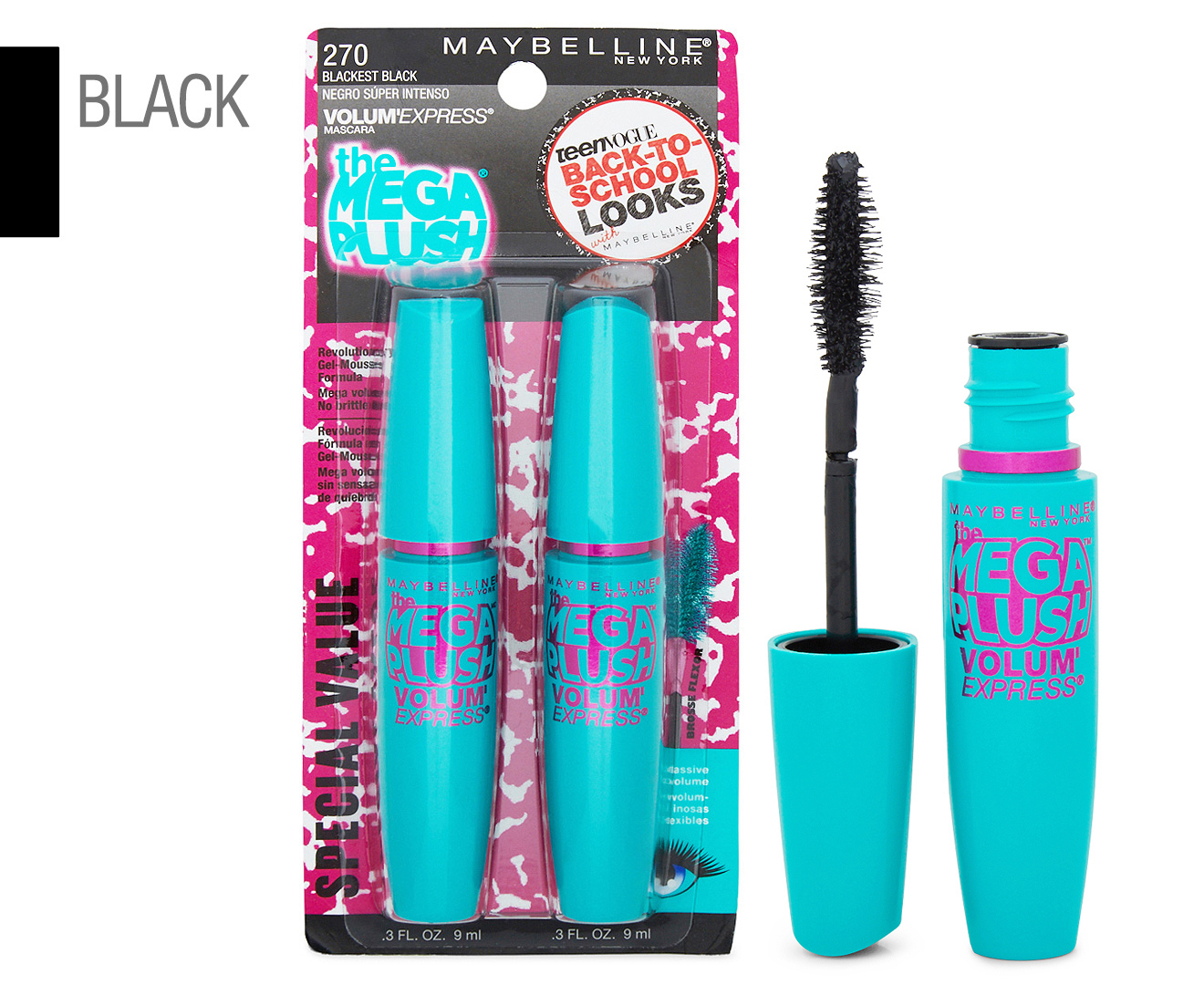 Maybelline Volum Express The Mega Plush Mascara 2pk 9ml 270 Blackest Black Au 2994