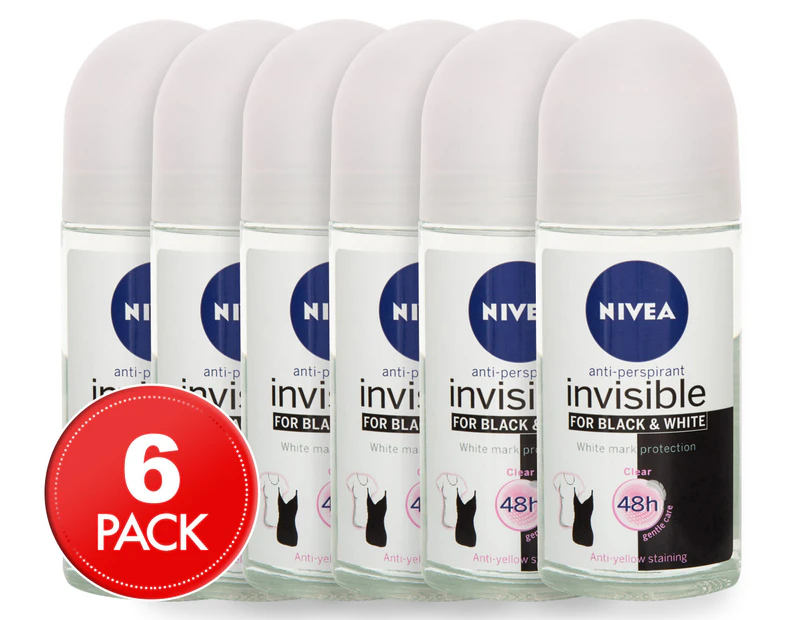 6 x Nivea Invisible for Black & White Anti-Perspirant Roll-On 50mL
