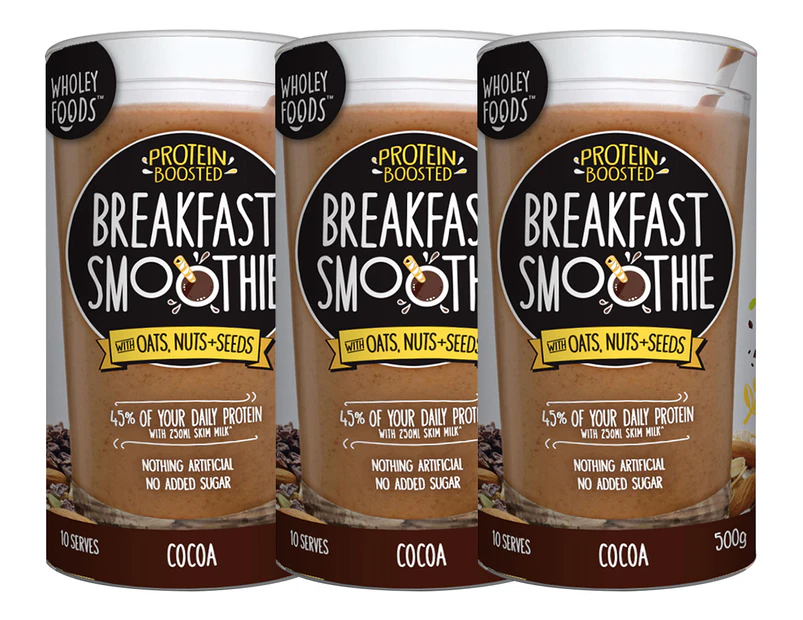3 x Wholey Foods Protein Boosted Breakfast Smoothie 500g - Cocoa