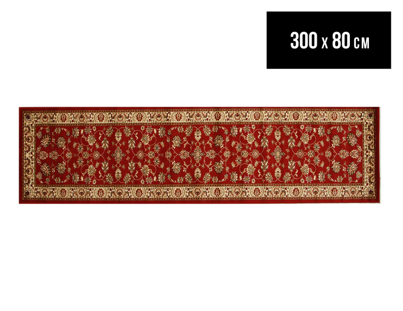 Traditional Floral Border 300x80cm Rug - Red/Ivory