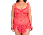Just Sexy Plus Size Lace Ruffles Chemise w/ G-String - Hot Coral