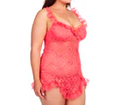 Just Sexy Plus Size Lace Ruffles Chemise w/ G-String - Hot Coral