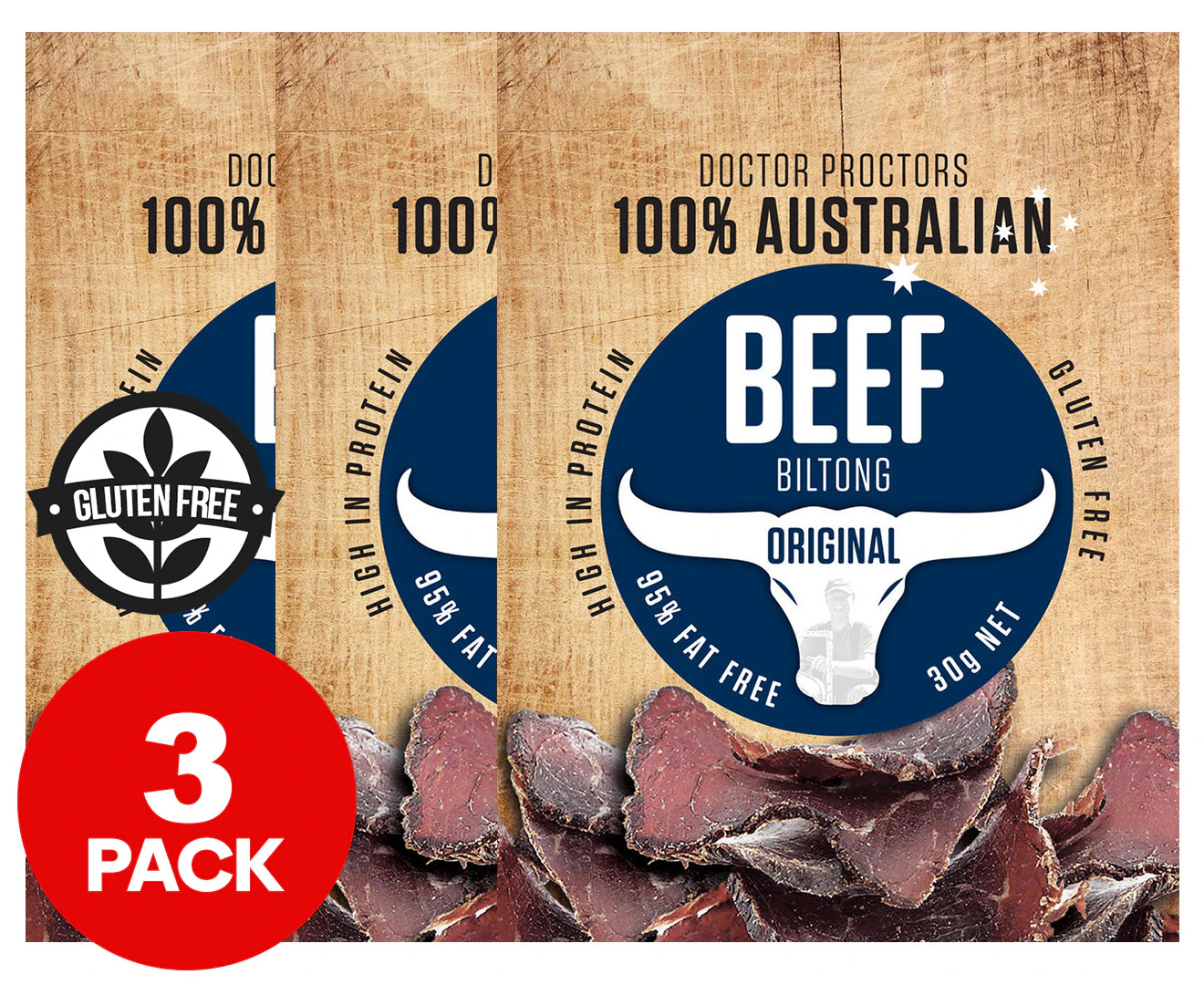 3 x Doctor Proctors Australian Beef Biltong Original 30g