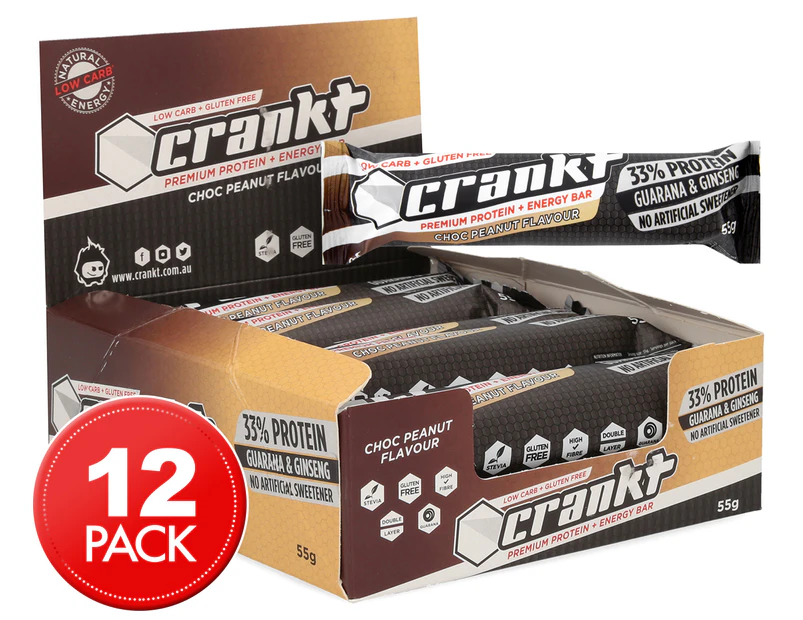 12 x Crankt Premium Gluten Free Protein + Energy Bars Choc Peanut Butter 55g