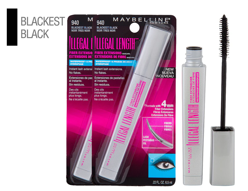 2 x Maybelline Illegal Length Fiber Extensions Waterproof Mascara 6.5mL - #940 Blackest Black