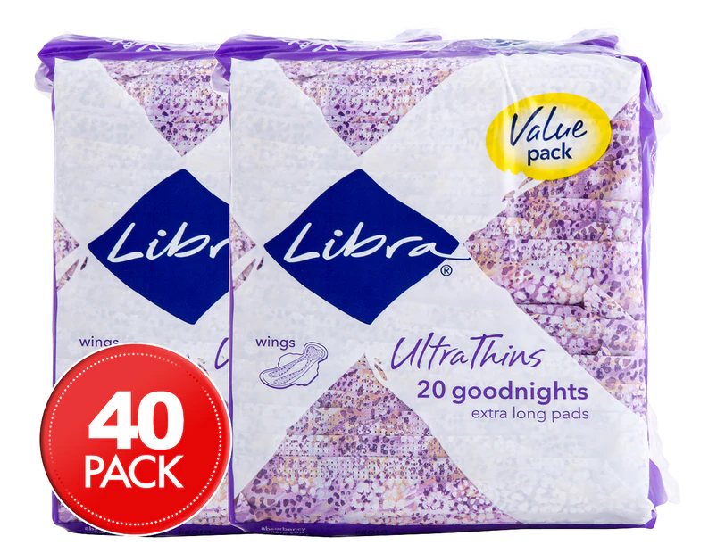 2 x Libra Ultra Thins Goodnights Extra Long Pads w/ Wings 20pk