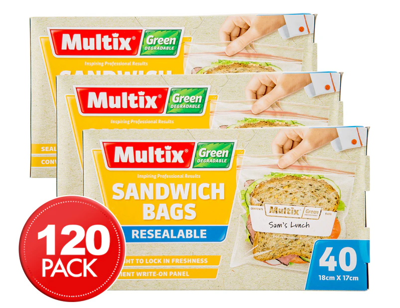 3 x Multix Green Degradable Resealable Sandwich Bags 40pk