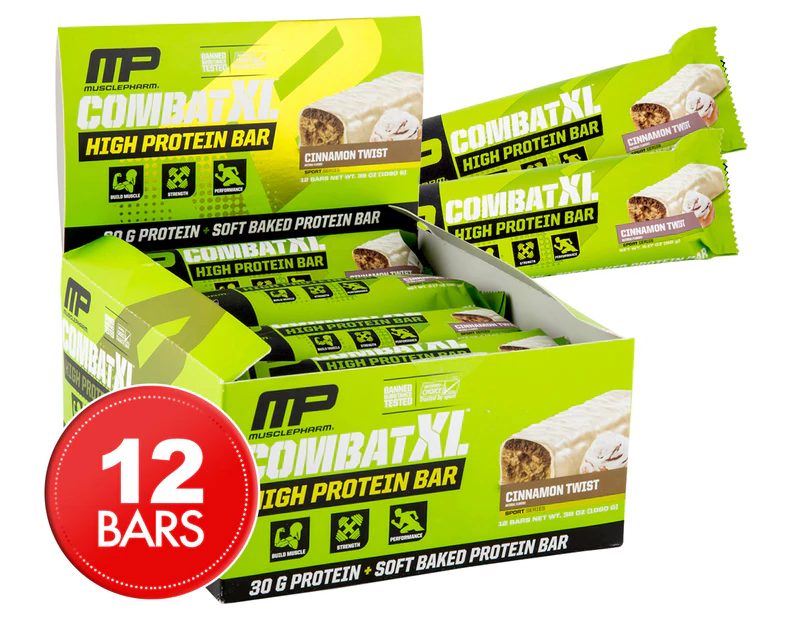12 x MusclePharm Combat XL High Protein Bar Cinnamon Twist 90g