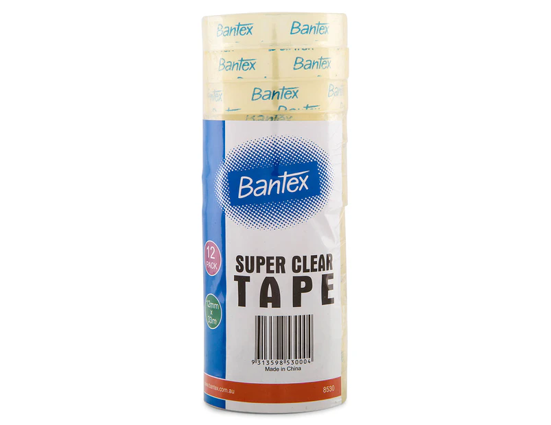 Bantex 12mm x 33m Super Clear Tape 12-Pack - Clear