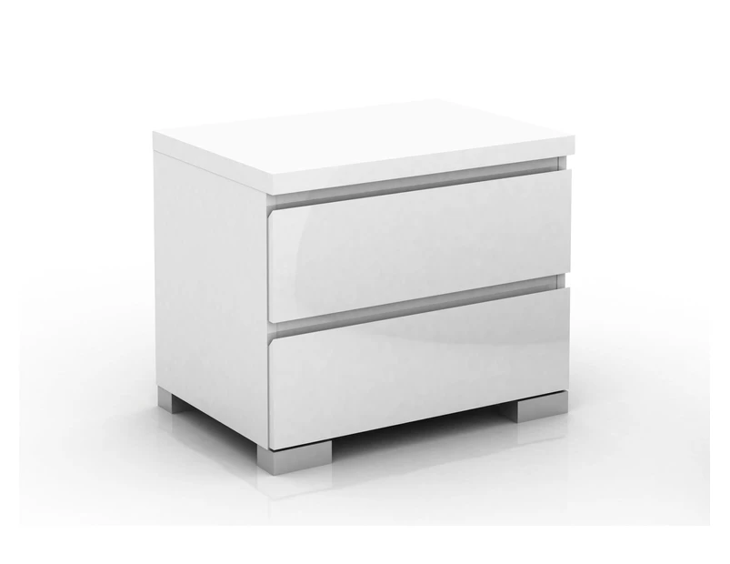 Elara High Gloss 2 Drawer Bedside Table Slanted Drawers No Handles Room Storage Nightstand Bedroom - White