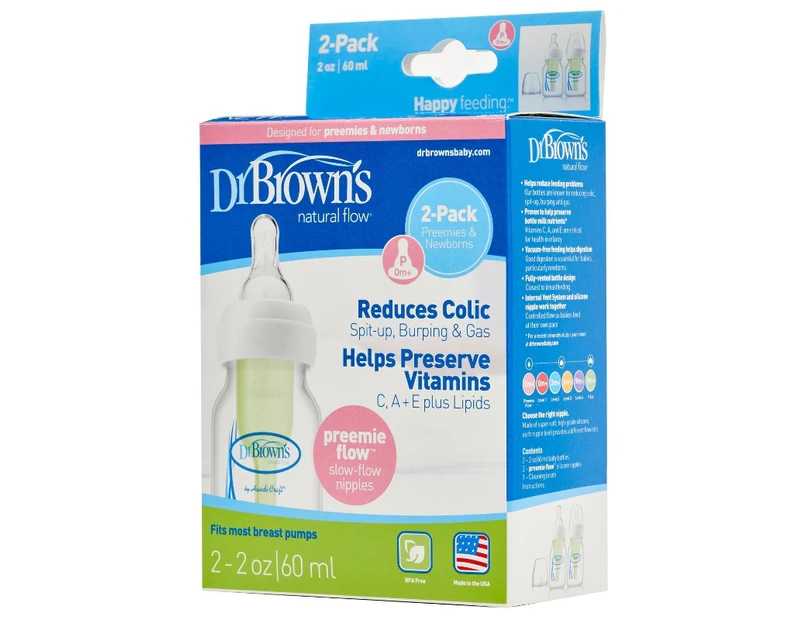 Dr Brown's Options 60ml Premature Newborn Baby Bottle Twin Pack