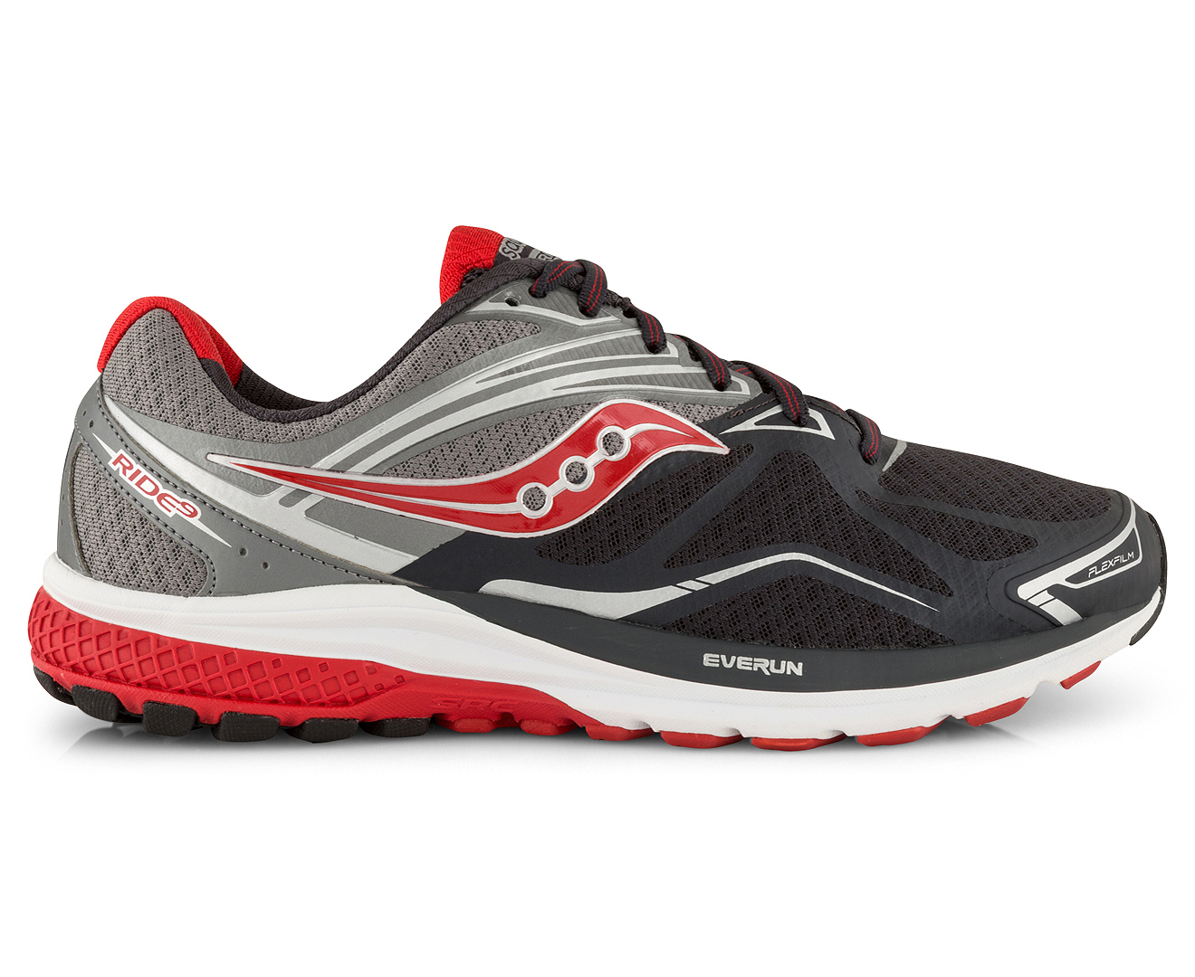 Saucony Men's Ride 9 2E Wide Fit Shoe - Grey/Charcoal/Red | Great daily ...