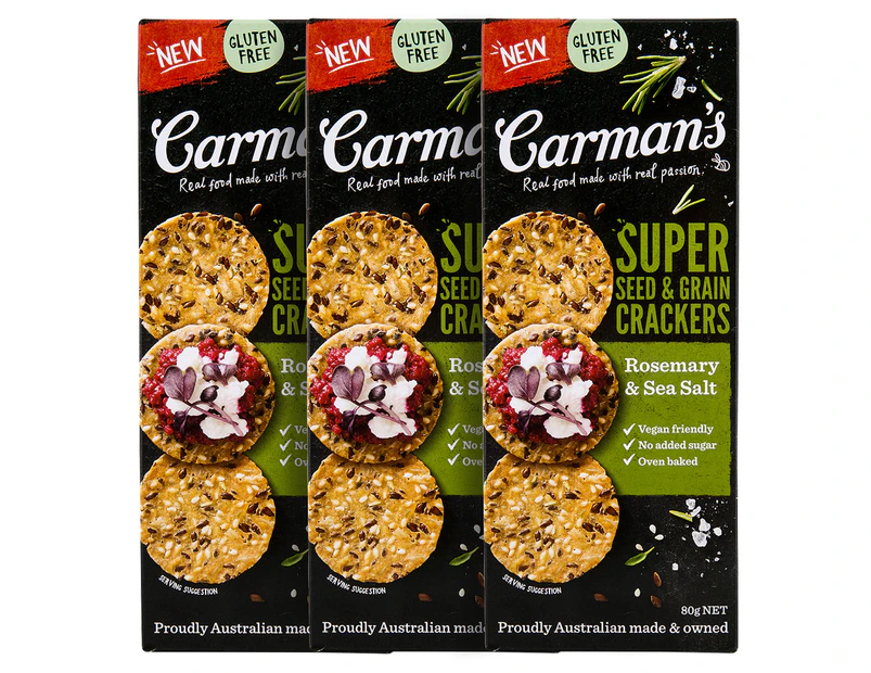 3 x Carman's Super Seed & Grain Crackers Rosemary & Sea Salt 80g