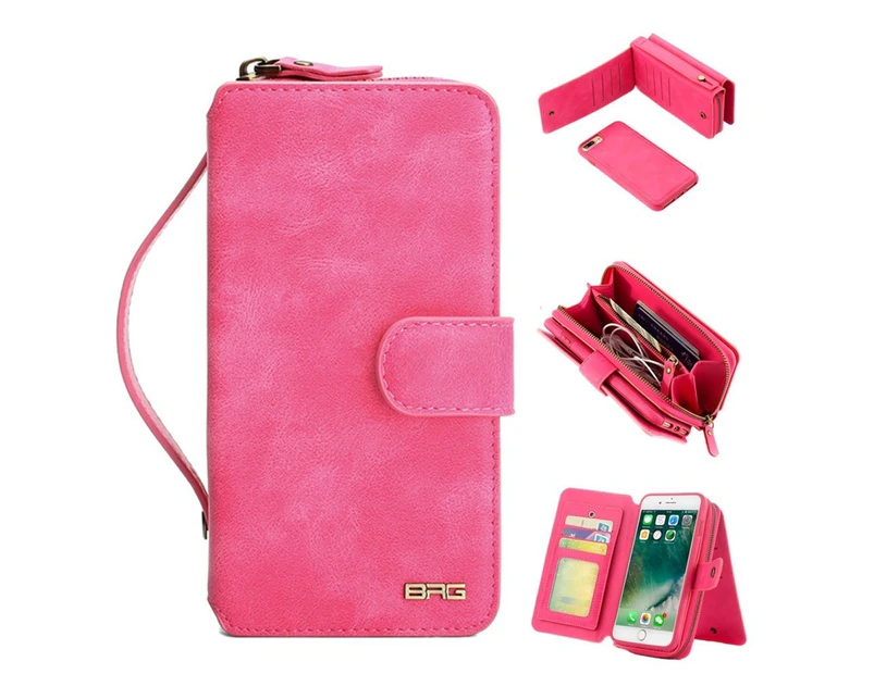 PINK Premium BRG Zipper Removable Wallet Magnetic Bag Purse Genuine Leather Case For Apple iPhone 7