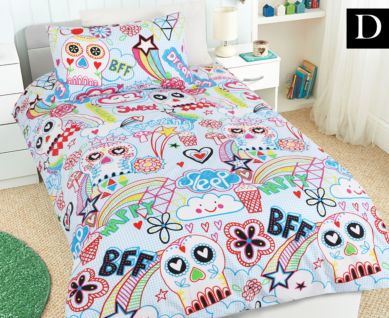 Happy Kids Scribble Skulls Glow In The Dark Double Bed Quilt Cover Set