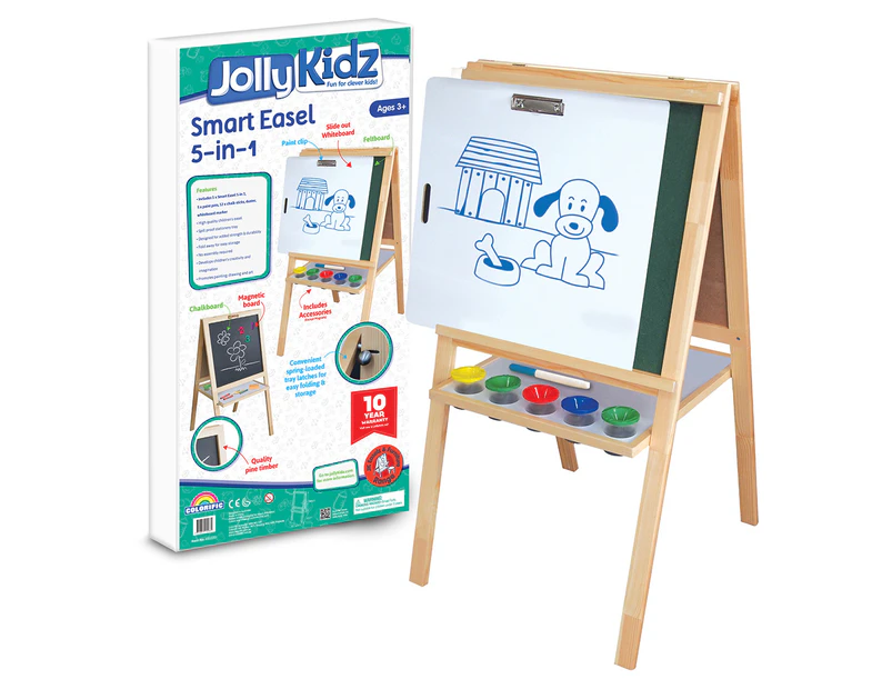 Jolly Kidz 5-in-1 Smart Easel Chalkboard, Whiteboard, Magneticboard, Feltboard + Paint Clip