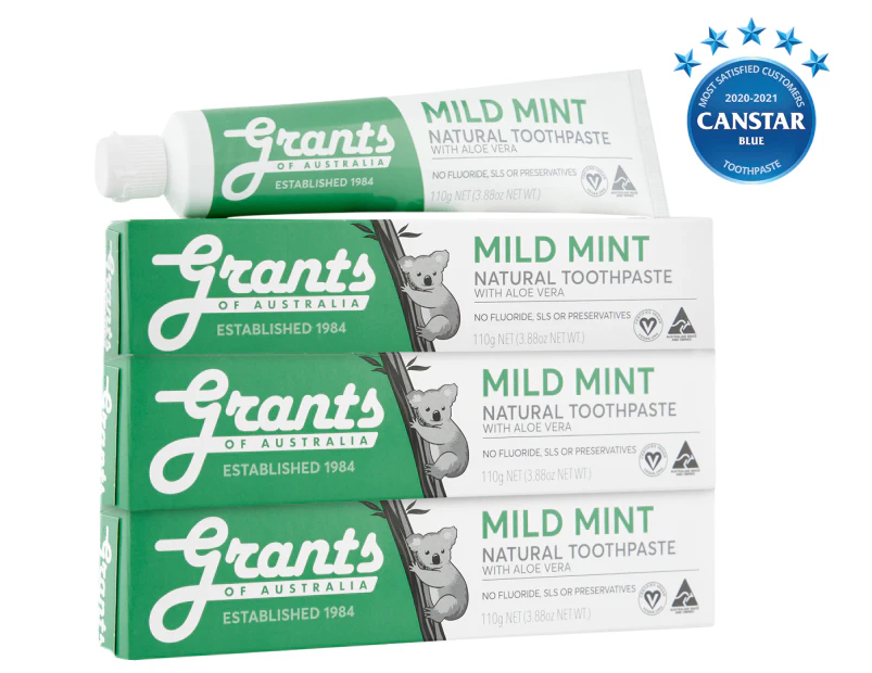 3 x Grants Natural Toothpaste Mild Mint 110g