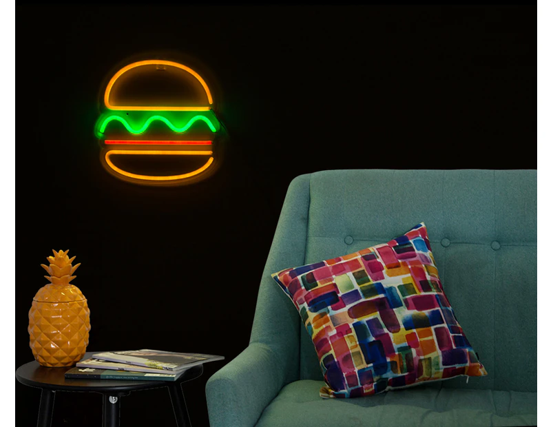 LIT. 38x24cm LED Flexburger Neon Hamburger Wall Light - Multi
