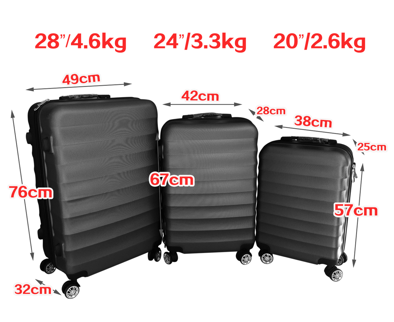 3pc Luggage Suitcase Trolley Set Tsa Lock Carry On Bag Hard Case Lightweight Abs-black | Great ...