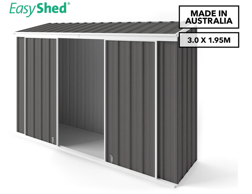 EasyShed 3x1.95m Reverse Skillion Narrow Double Slider Garden Shed - Slate Grey