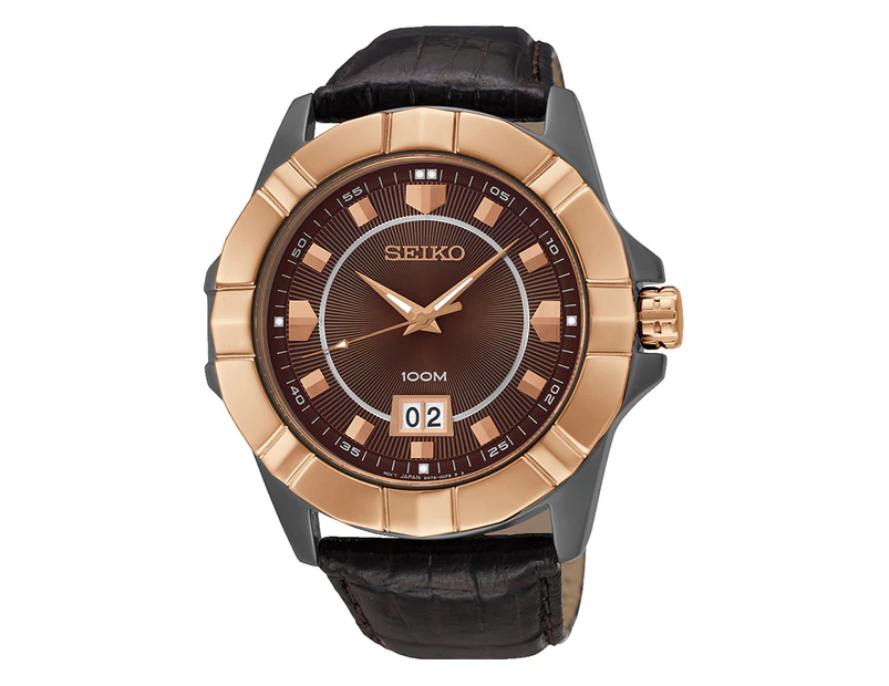 Seiko Men's 43.7mm SUR138P Leather Watch - Rose Gold/Brown