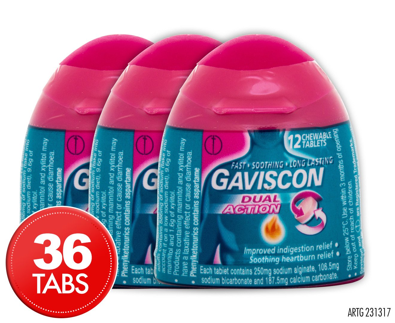 3 x Gaviscon Dual Action 12 Chewable Tabs