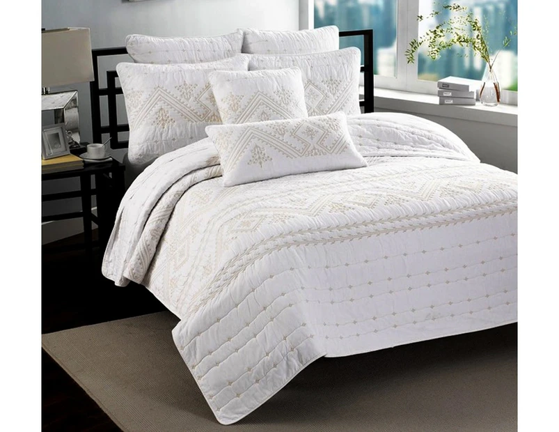 Luxury Quilted 100% Cotton Coverlet / Bedspread Set Embroidery Quilt King Size Bed 240x260cm   White & Gold