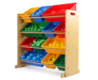 Tot Tutors Toy Organiser Wooden Kids Shelf Storage with 12 Bins - Multi Colour