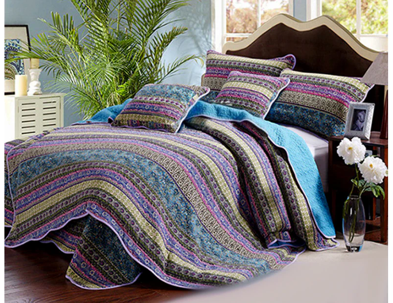 Luxury Quilted 100% Cotton Coverlet / Bedspread Set  King Size Bed 230x250cm Blue & Purple