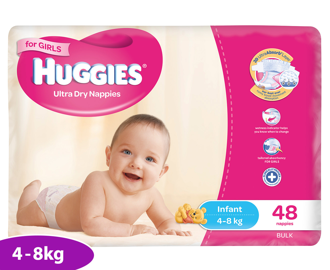 Huggies Girls' Ultra Dry Infant Nappies 4-8kg 48pk | Catch.com.au