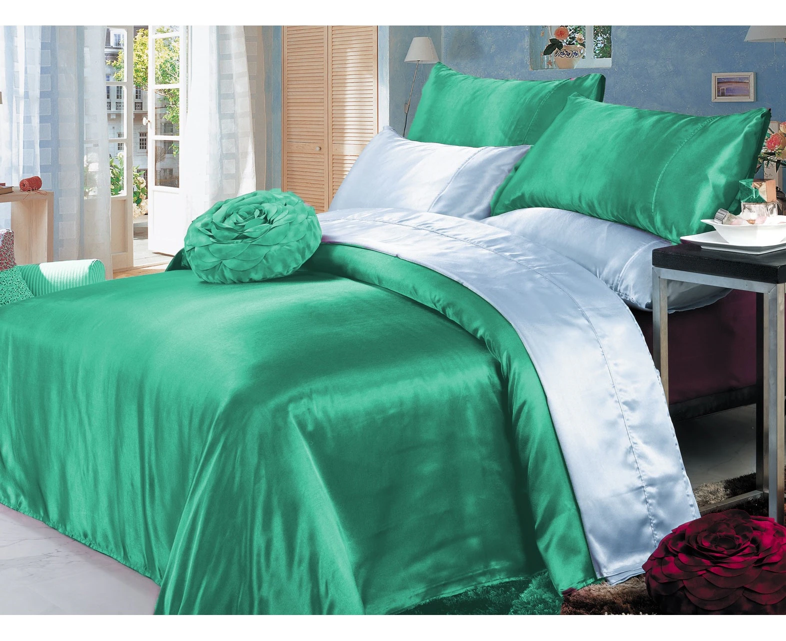 Luxury Soft Silky Satin Double Bed Sheet Set-Aqua