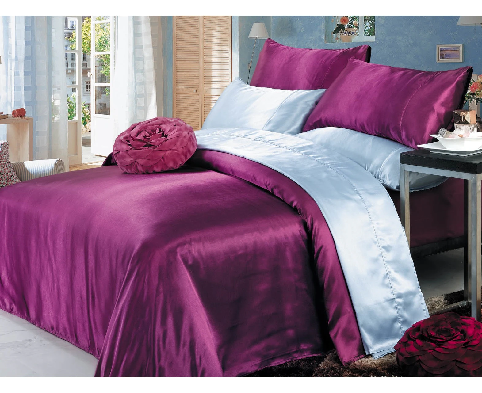 Luxury Soft Silky Satin Double Bed Sheet Set-Burgandy