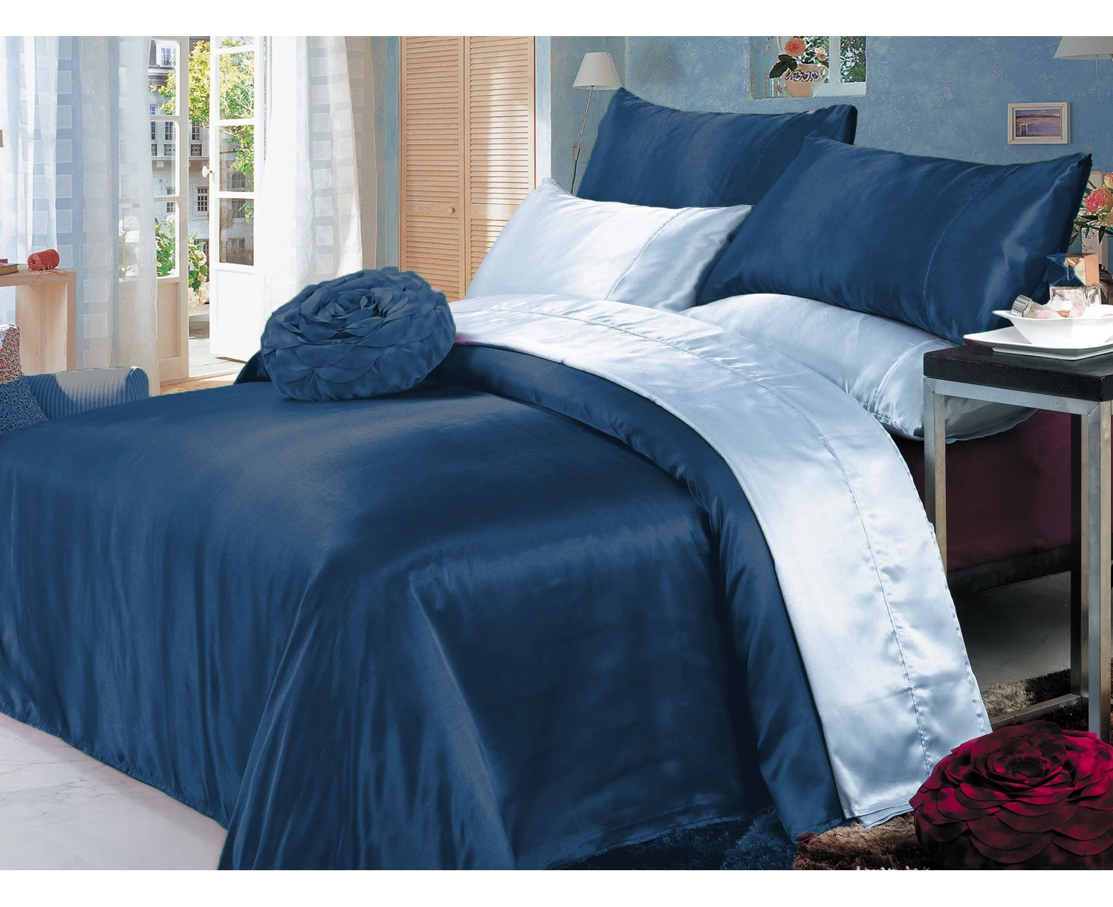 Luxury Soft Silky Satin King Bed Sheet Set-Navy