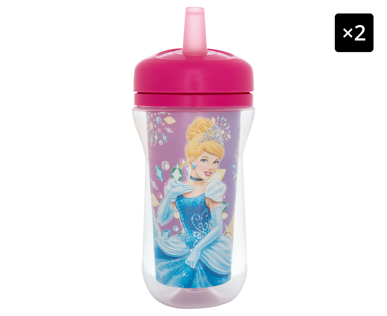2 x Disney Princess 266mL Insulated Straw Cup Pink/Clear