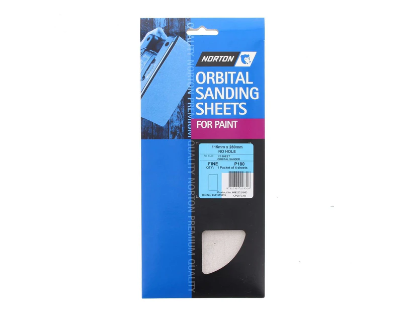 Sanding Sheets 180 Grit Orbital Paint Surfaces Fine 4 Pack 115 x 280mm Norton