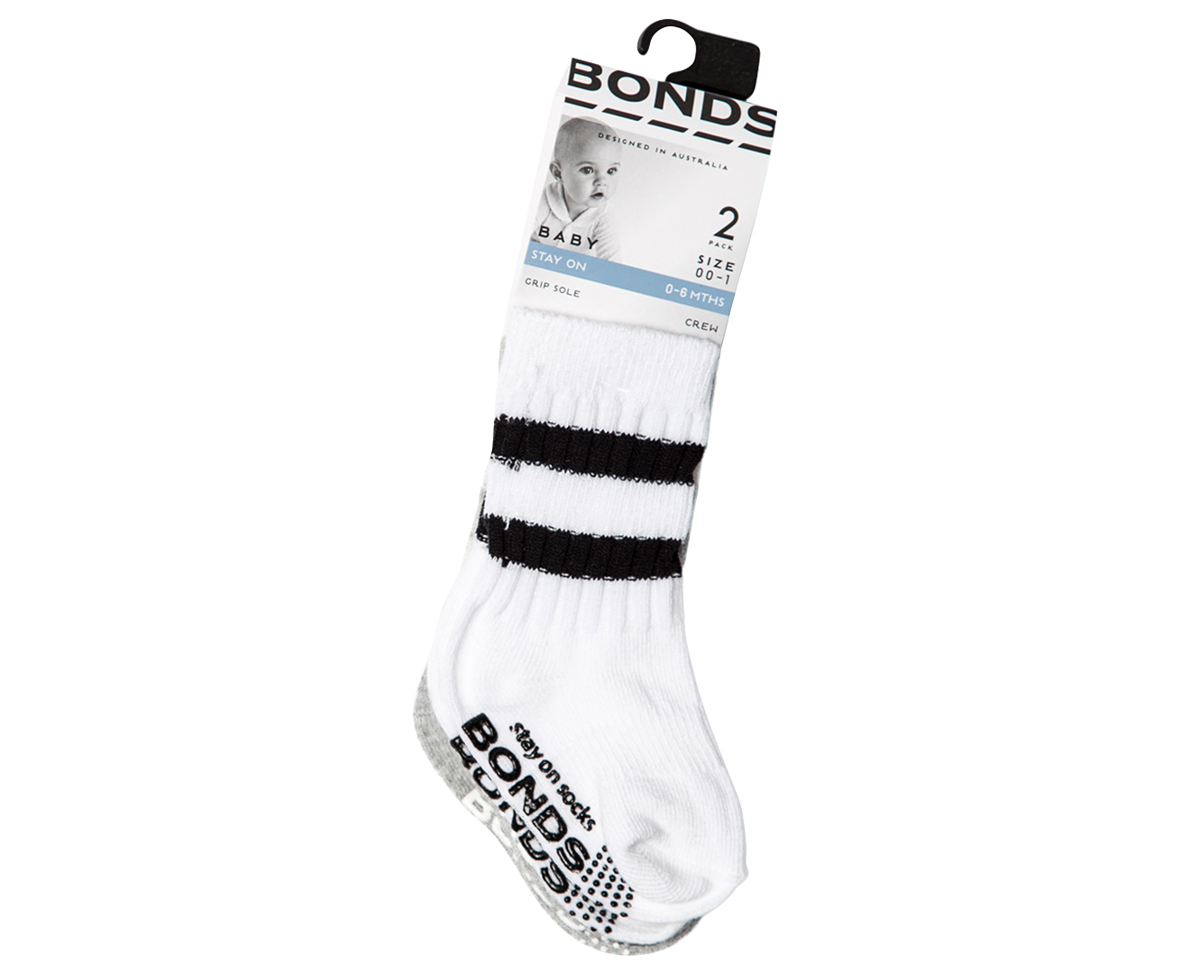 Bonds Baby Stay On Original Sock 2-Pack - White/Grey/Black | GroceryRun ...